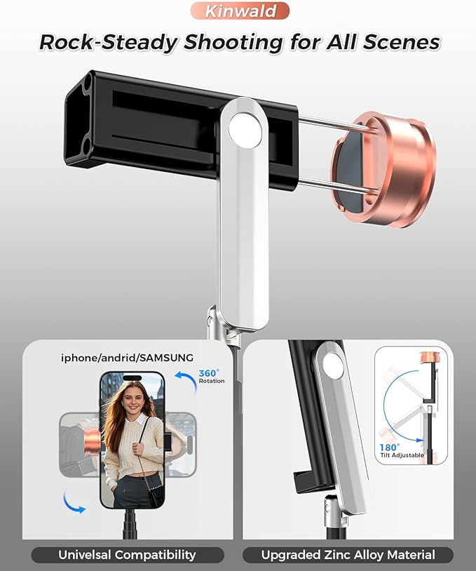 Selfie Stick Tripod for iPhone & Android, Portable Phone Tripod Stand with Bluetooth Remote, One-Click Open, Compact & Lightweight, All-in-1 for Vlog/Travel/Photography (Black)