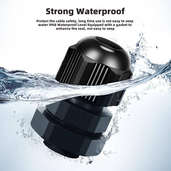 Cable Gland 20 Pack Plastic Waterproof Adjustable Connector 3-7mm PG7 Strain Relief Cord Connectors Joints Nylon with Gaskets