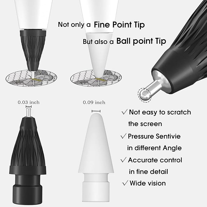 Upgraded Pencil Tips fits for Apple 2nd 1st Gen USB-C iPad Pro Pencil,No Wear Out Fine Point Apple Pen Tip &Noiseless Friction Nib Covers Set, Make iPencil 1 / Pencil 2 Work Like a Charm,Black