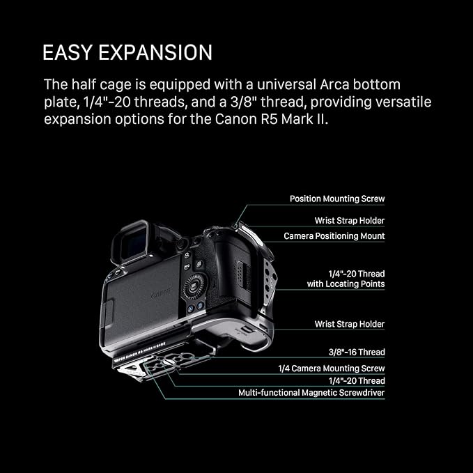 Tilta Half Camera Cage Compatible with Canon R5 Mark II - Black | Mount Accessories w/Cold Shoe, 1/4"-20 and 3/8"-16 | Securely Attaches to Camera | Silicone Padding and Lightweight