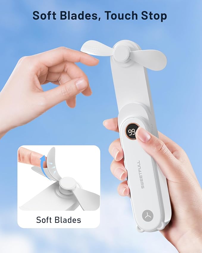 SWEETFULL Portable Handheld Mini Fan with LED Display, 3-in-1 Personal Foldable USB Rechargeable Hand Held Fan & Flashlight for Travel, Lash Eyelash, Cute Small Pocket for Women, Girls