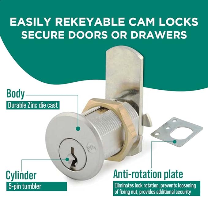 Olympus Lock DCN4 Rekeyable Cam Lock | 1-3/4" Cylinder 915 Key Lock, Keyed Alike | US26D Chrome Cabinet Lock | Grade 1 | Reversible for Doors & Drawers