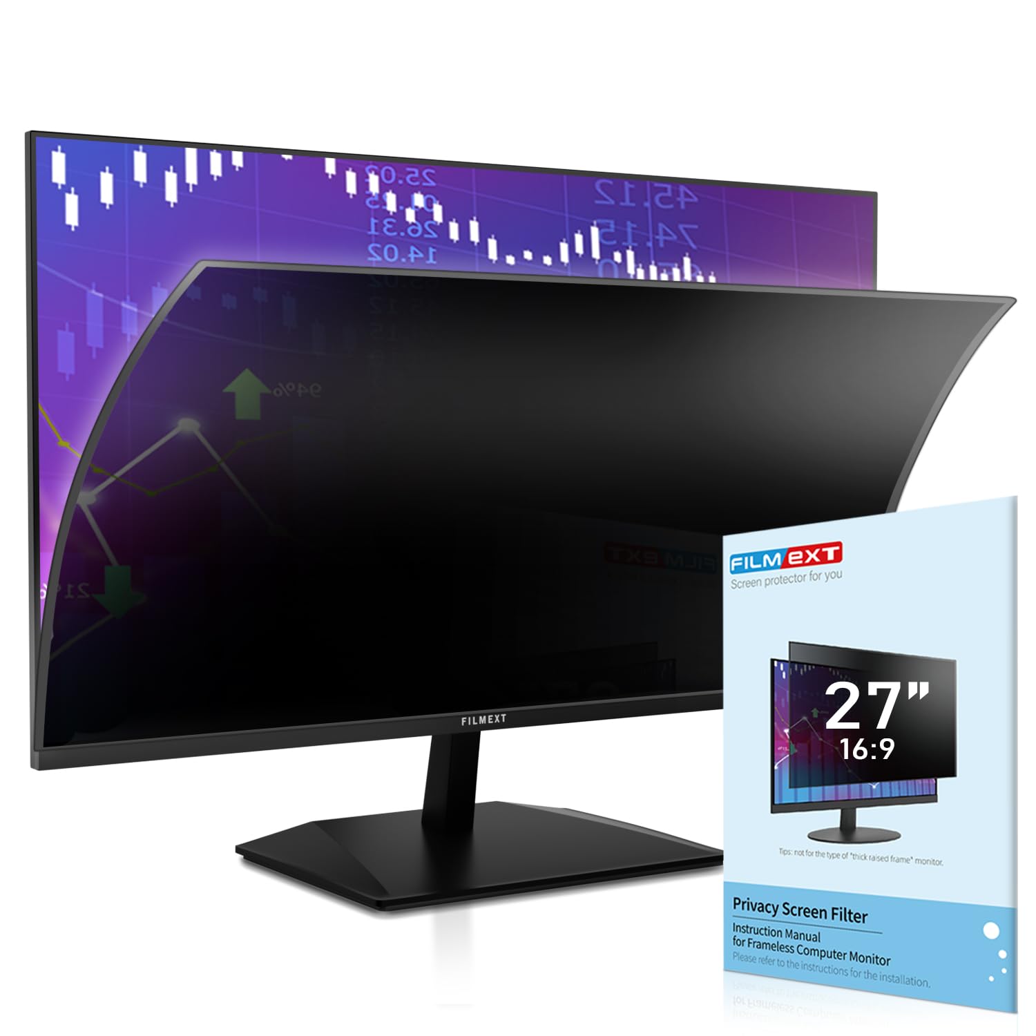 FILMEXT [2023 Upgrade 27 Inch Removable Privacy Screen Filter for 16:9 All-in-One Desktop/Frameless Computer Monitor, Bubble Free Anti Spy Blue Light Filter for Computer