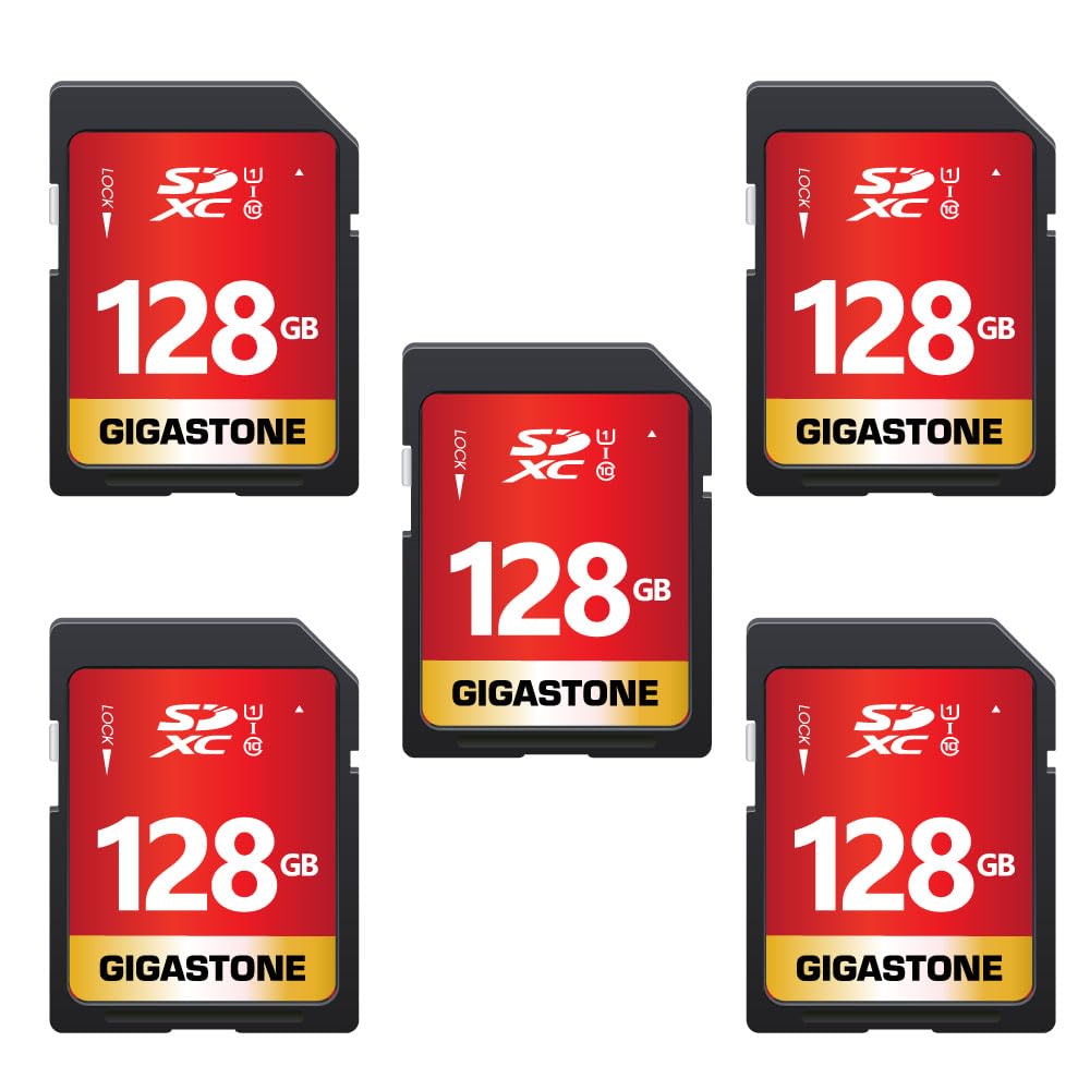GIGASTONE 128GB SD Card 5-Pack UHS-I U1 Class 10 SDXC Memory Card Full HD Video for Digital Camera Speed up to 80MB/s, Full-Sized SD Card, with 5 mini case