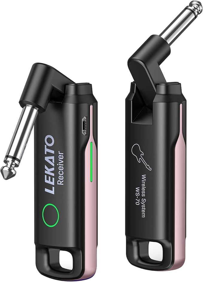 LEKATO Wireless Guitar System UHF Wireless Guitar Transmitter Receiver Rechargeable Audio Bass Cable with 70 Channels for Bass Electric Instruments(Pink)