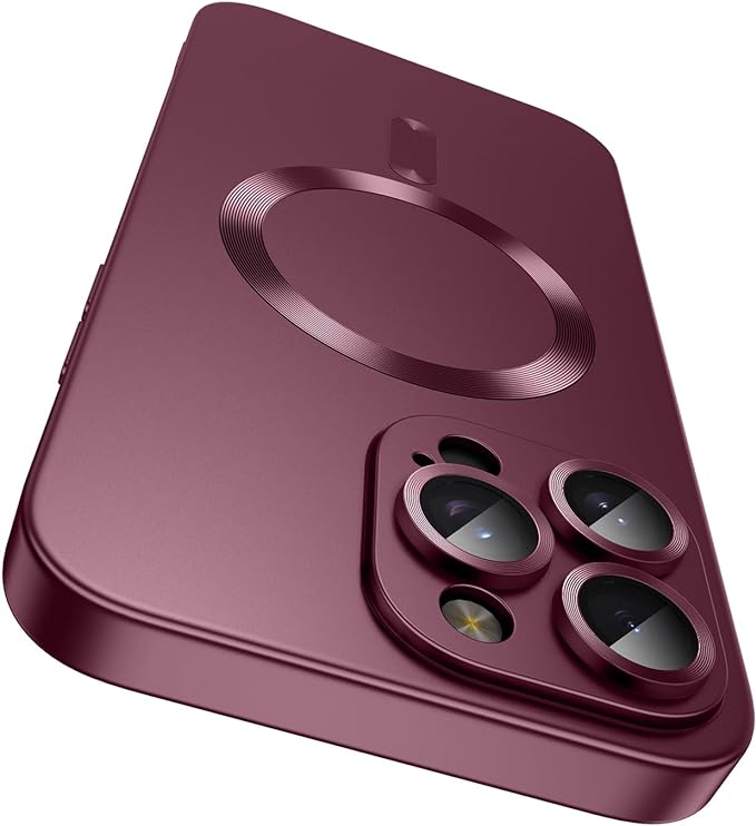 Magnetic for iPhone 15 Pro Max Case [Compatible with MagSafe][Built-in Camera Lens Protector] Slim Soft Silicone Bumper Shockproof Metallic Luster Phone Case (Burgundy)