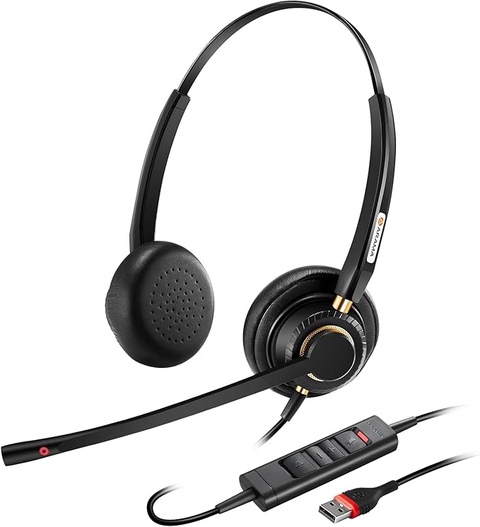 Arama USB Headset with Microphone for PC, Computer Laptop Headphones with Noise Cancelling Mic & Audio Controls for Home Office Business Skype UC Webinar Zoom
