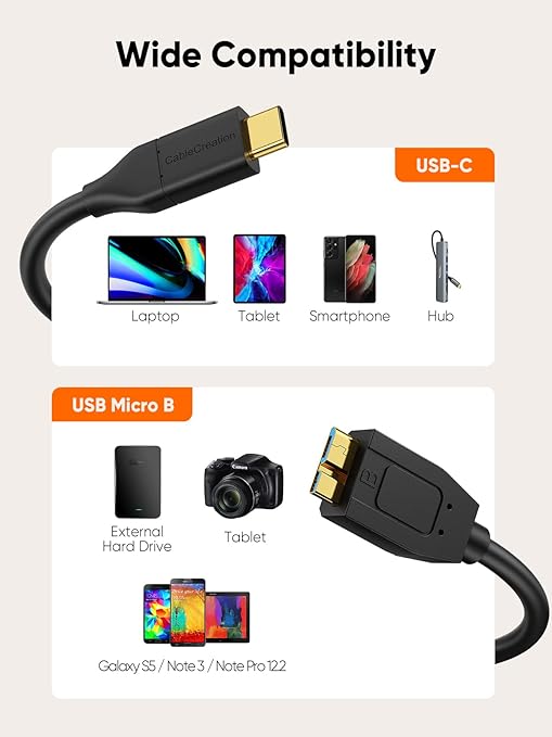 CableCreation 1FT USB C to Micro B Cable,10Gbps Speed External Hard Drive Braided,USB 3.1 Type C to Micro B Work for iPhone 15,16,Seagate WD Westgate My Passport,MacBook Pro/Air, iPad/Tablet,Black
