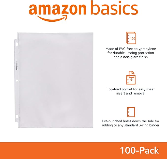 Amazon Basics Sheet Protector, Non-Glare, 100-Pack, 8.5 x 11, Clear
