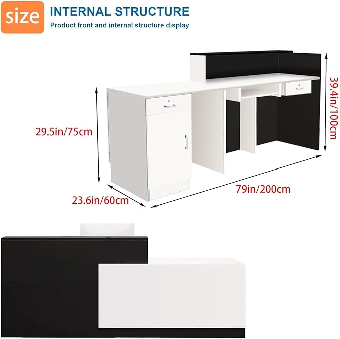 Reception Desk with Counter Modern Checkout Counter with Lockable Drawer Keyboard Tray Receptionist Desk for Office Salon Reception Table K Left 79inch/200cm