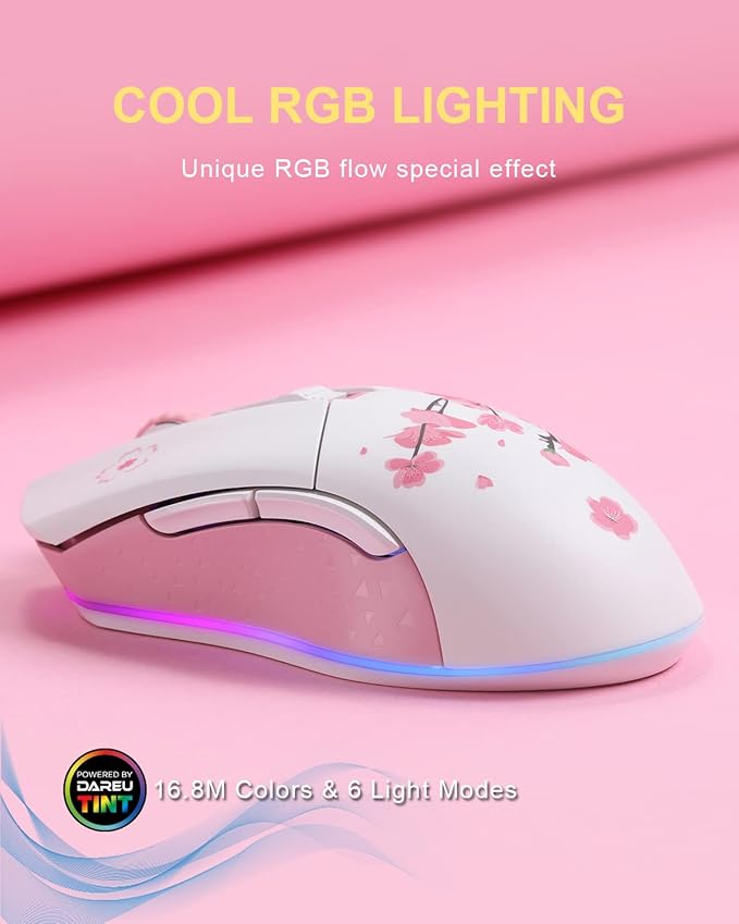 DAREU Sakura Pink Wireless Wired Gaming Mouse, Dual-Mode Rechargeable 6 Programmable Buttons,10K DPI,RGB and 7 Adjustable DPI Levels up to [150IPS] [1000Hz Polling Rate] for PC Notebook Mac