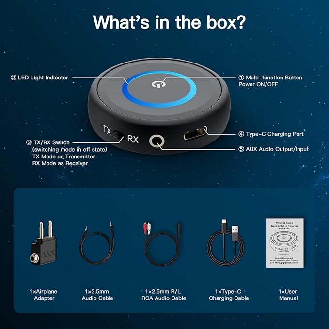 Bluetooth 5.3 Transmitter for TV/Airplane, 2-in-1 Bluetooth Transmitter Receiver for Home Stereo/Speakers/Headphones/PC/Car, Wireless Adapter w/3.5mm AUX/RCA Jack, Dual Link, Low Latency,16H