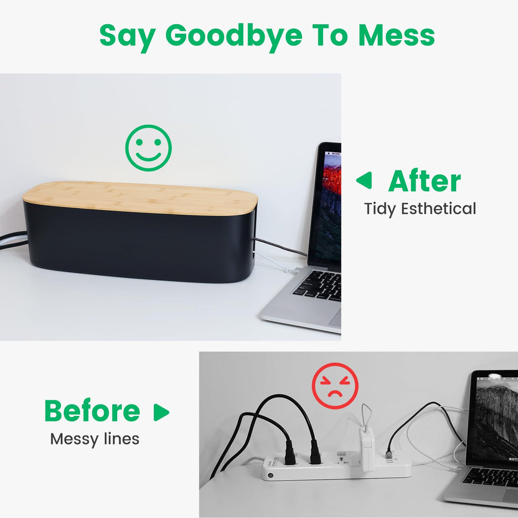 Large Cable Management Box - Cord Organize Box with Bamboo lid for Safe Home & Office, Cord Hider for Power Strip Under Desk, Cover TV Wires, Child & Pet Proof Cord Box, Black