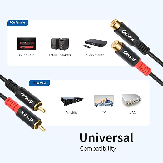 Devinal RCA Female to Male Extension Cable - Premium Audio Extender Cord for High Sound Quality & Durability, Compatible with Home Theater, TV, Soundbar - 10ft/3m