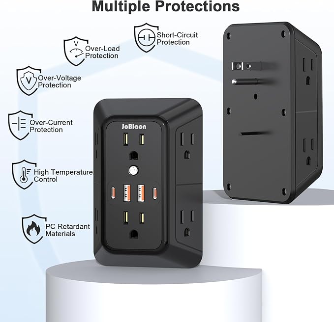 2 Pack Multi Plug Wall Outlet Extender Surge Protector 6 AC Outlet Splitter with 4 USB Ports(2 USB C) Wall Charger 1050J Power Strip 125V/15A, 1875W for Home, Office, Travel Dorm Room Essentials