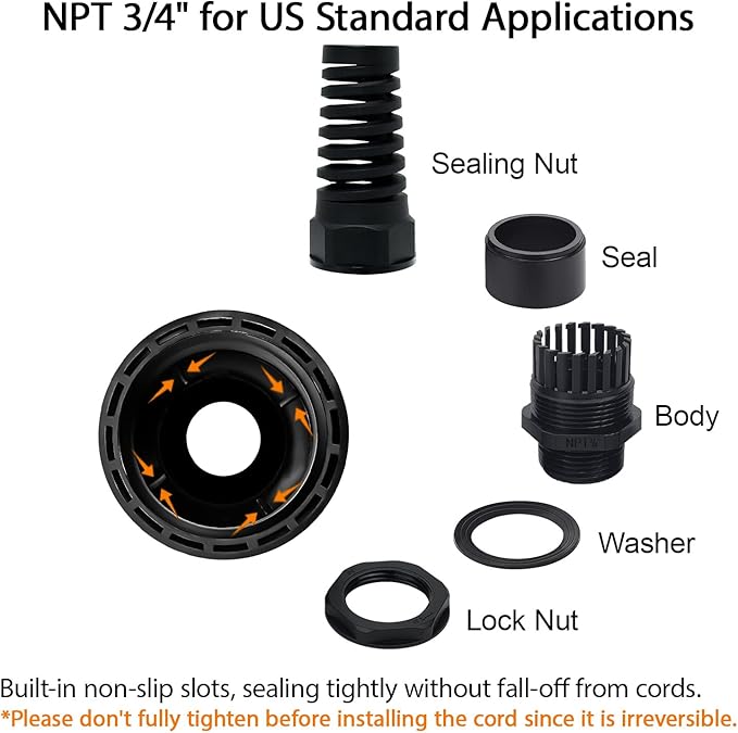 LeMotech 2Pcs NPT 3/4" IP68 Waterproof Cable Gland Flex Spiral Strain Relief Black Nylon Joint with Gaskets for 13-18mm Wire Thread