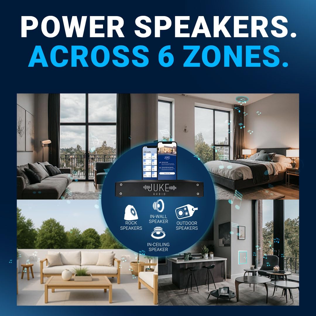 Juke-6 | 6 Zone Audio Amplifier | Wirelessly Controlled Multi-Room Audio System | Compatible with Airplay 2, Spotify Connect, Bluetooth, DLNA