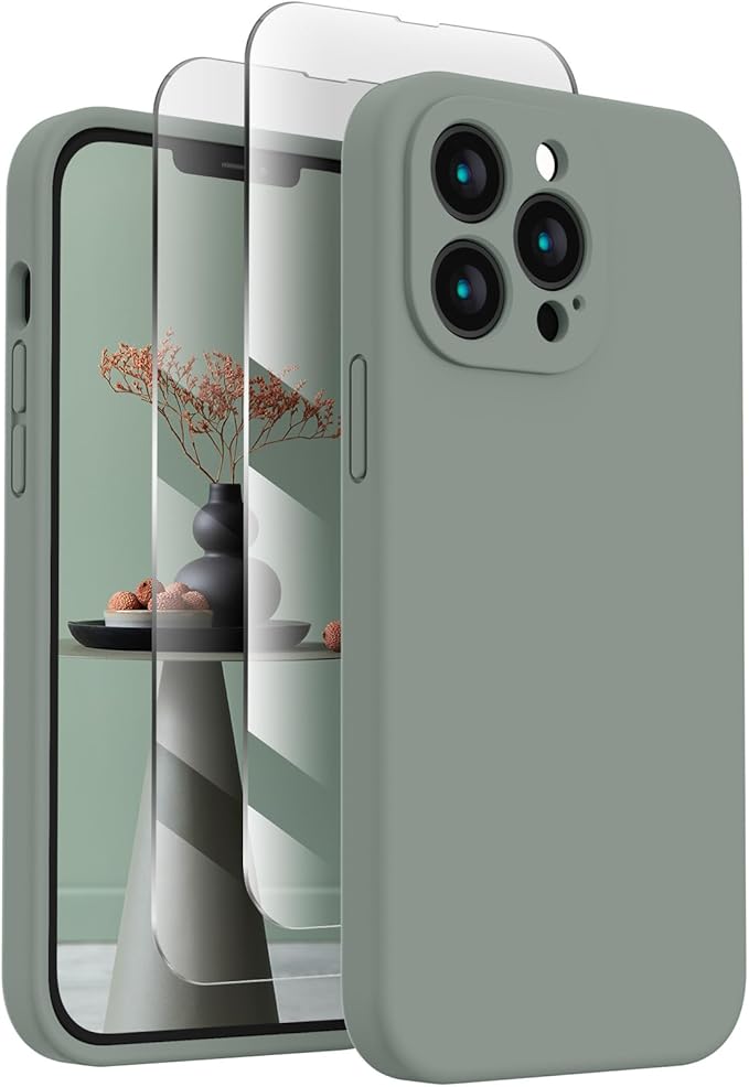 FireNova Designed for iPhone 13 Pro Case, Silicone Upgraded [Camera Protection] Phone Case with [2 Screen Protectors], Soft Anti-Scratch Microfiber Lining Inside, 6.1 inch, Calke Green