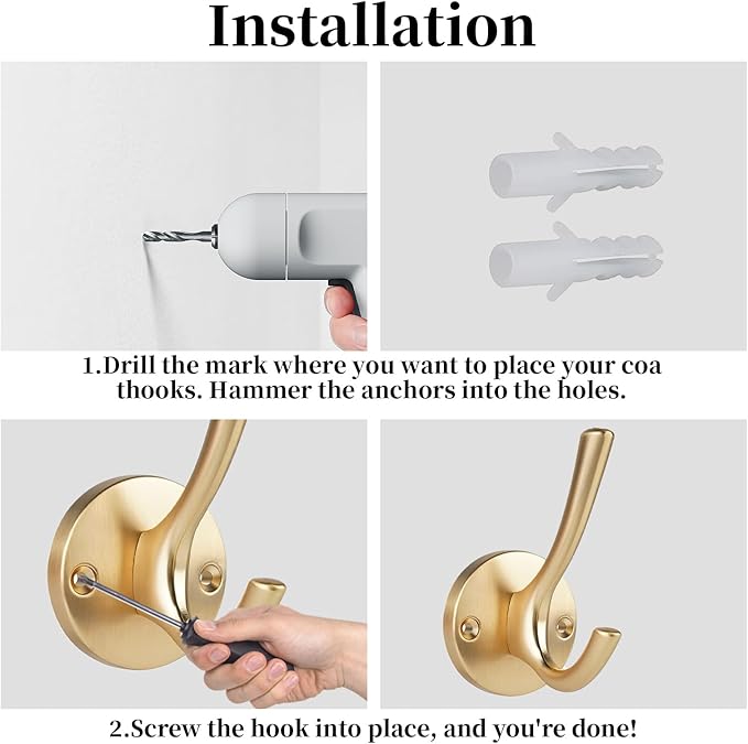 4 Packs Gold Coat Hooks, Silver Robe Hook, Decorative Towel Hooks, Heavy Duty Double Prong Wall Hooks, Metal Closet Hooks, Hat Hooks for Hanging for Bathroom, Kitchen and Office