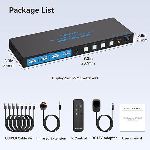 8K@60Hz DisplayPort KVM Switch 4 Computers 1 Monitor USB3.0 4K120Hz 4 Ports DP KVM Switches 4 in 1 Out for 4 Computers Share 1 Monitor and Keyboard Mouse etc. with 4 USB Cable and Controller