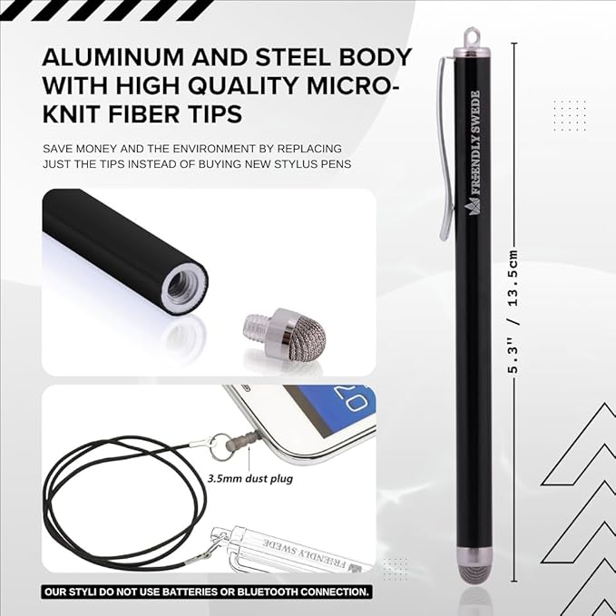 The Friendly Swede Mesh Tip Stylus Pen for Touchscreen — 3-Pack Micro-Knit Capacitive Stylus Pen for iPad & iPhone with 3 Replaceable Fiber Tips, Elastic Lanyards & Screen Cleaning Cloth