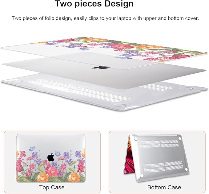 for MacBook Air 13 inch M1 Case 2021 2020 2019 2018 (Model M1 A2337 A2179 A1932) with Touch ID & Retina Display, Printed Pattern Hard Shell Case Keyboard Cover, Pink & Purple Flowers