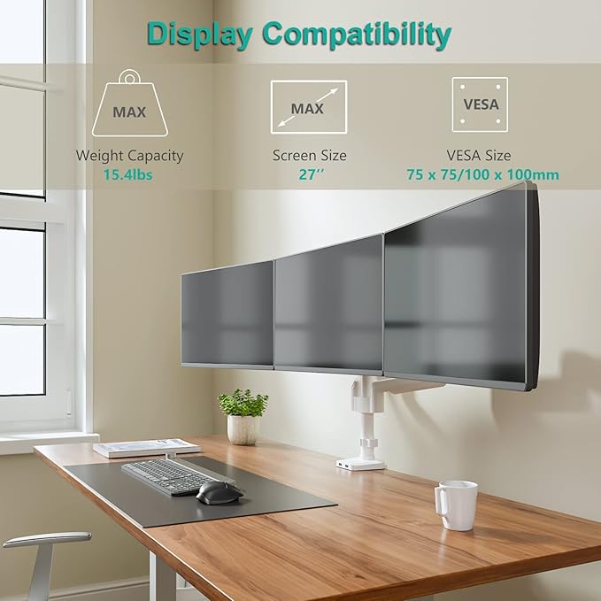 WALI White Triple Monitor Mount, 3 Monitor Desk Mount for Multi Screens from 13 to 27inch with Gas Spring Arm, Fully Adjustment Arm with Tilt, Swivel, Rotate VESA Mount 75x75,100x100mm(GSDM003W-U)