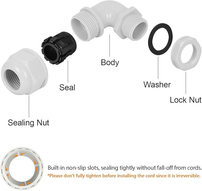 LeMotech M40 Cable Gland, 90 Degree Adjustable 26-33mm Cable Range Strain Relief, Cord Connectors Nylon Joints with Gaskets, 2 Pcs, Grey