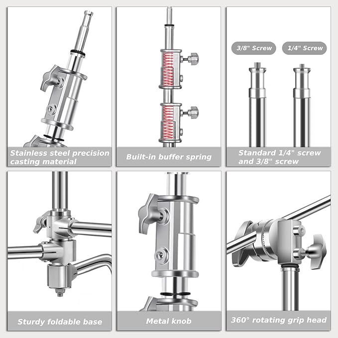 Heavy Duty C Stand with Boom Arm, Stainless Steel Heavy Duty Photography Light Stand, Adjustable Height 4.9ft-10.8ft, with 4.1ft Holding Arm, for Reflector, Umbrella, Softbox, Monolight