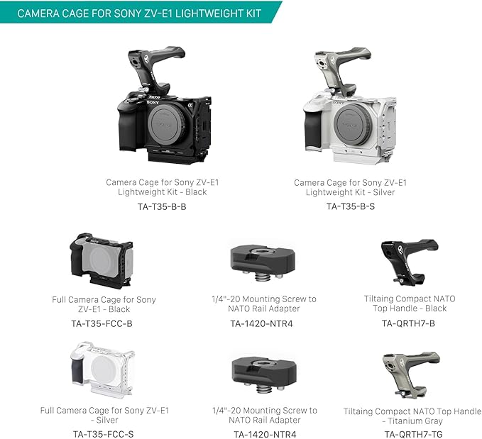Tilta Full Camera Cage for ZV-E1 Lightweight Kit | Includes Full Cage, Top Handle, 1/4"-20" to NATO Adapter | Cold Shoe, NATO Rail, M3 and 1/4"-20 Threads Mounts | Silver
