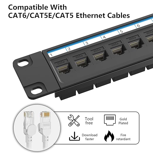 Jadaol 24 Port Patch Panel Rackmount or Wall Mount 19-Inch, 1U Cat6 Network Panel Preloaded with 24 Keystone Couplers plus 1 Spare, 10Gbps Ethernet Patch Panel with Cable Management & Back Support Bar