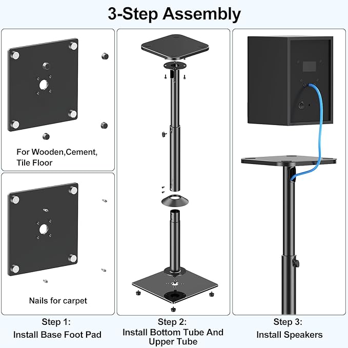 MOUNTUP Universal Speaker Stands Pair 28.3" to 37.4" Height Adjustable Floor Speaker Stands, Holds Bookshelf & Satellite Speaker Large Speaker, Up to 22LBS Cable Concealing 9.8" Plate Black MU9132-L