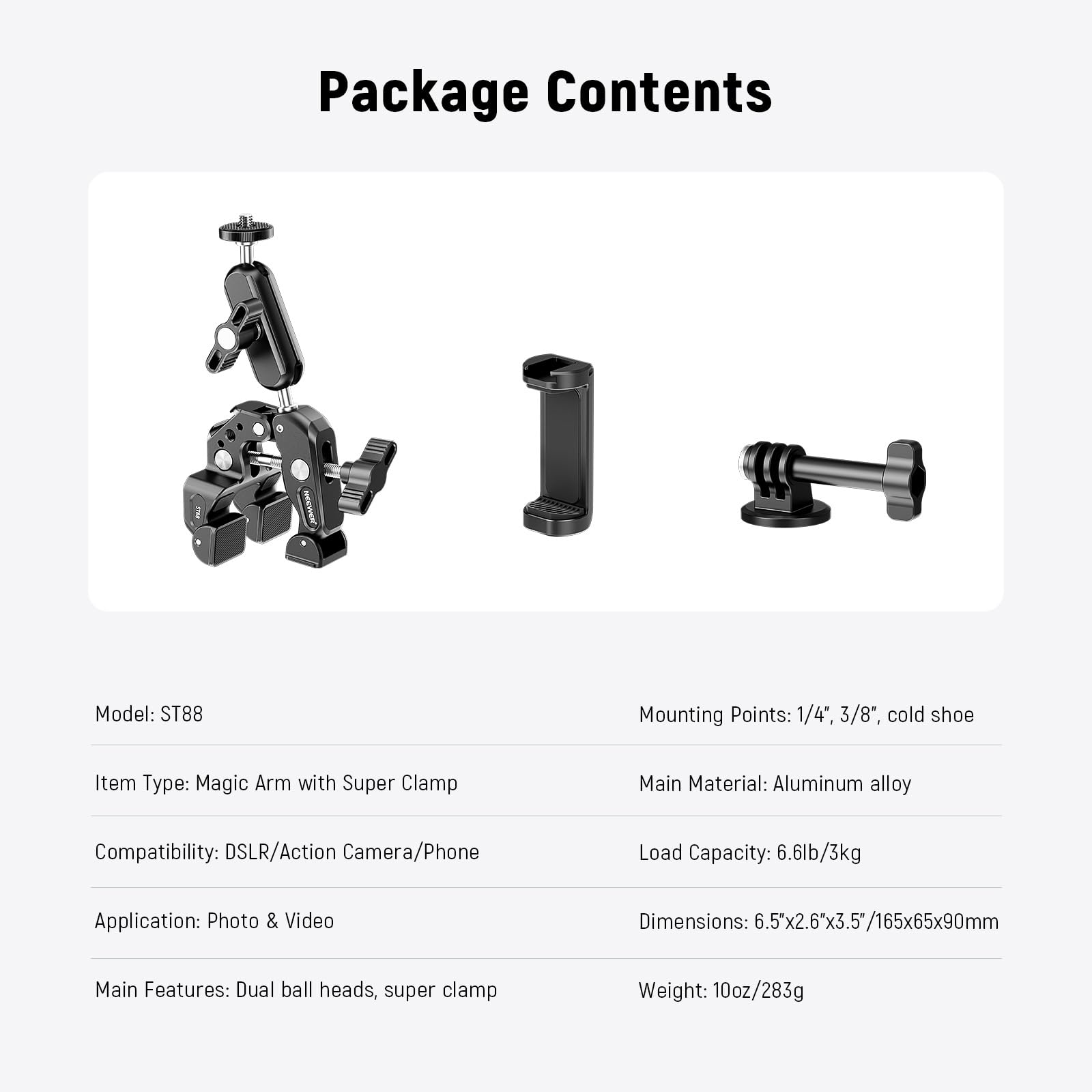 NEEWER Super Clamp with 3" Dual Ballhead Magic Arm, Camera Phone Clamp Mount with 1/4" 3/8" Threads, Cold Shoe, Phone Holder, Action Camera Adapter Compatible with GoPro DJI iPhone 16 15 Pro Max, ST88