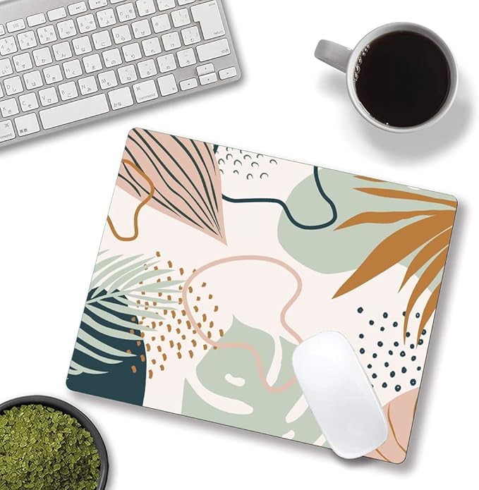 Mouse Pad, Boho Abstract Mouse Pad, Premium-Textured Square Mouse Mat Waterproof Non-Slip Rubber Base Computer Mousepad for Office Laptop Desk, Modern Tropical Leaves