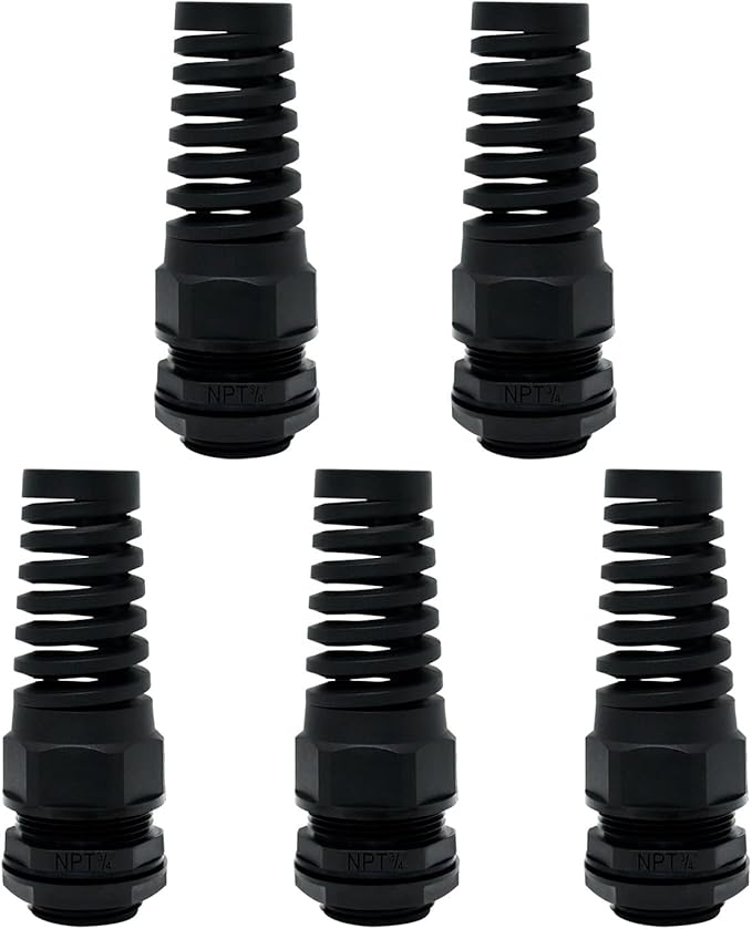 LeMotech 5Pcs NPT 3/4" IP68 Waterproof Cable Gland Flex Spiral Strain Relief Black Nylon Joint with Gaskets for 13-18mm Wire Thread