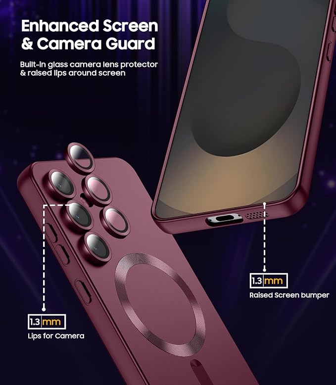 Magnetic for Samsung Galaxy S25 Case [Compatible with MagSafe][Built-in Camera Lens Protector] Slim Soft Silicone Bumper Shockproof Metallic Luster Phone Shell (Burgundy)