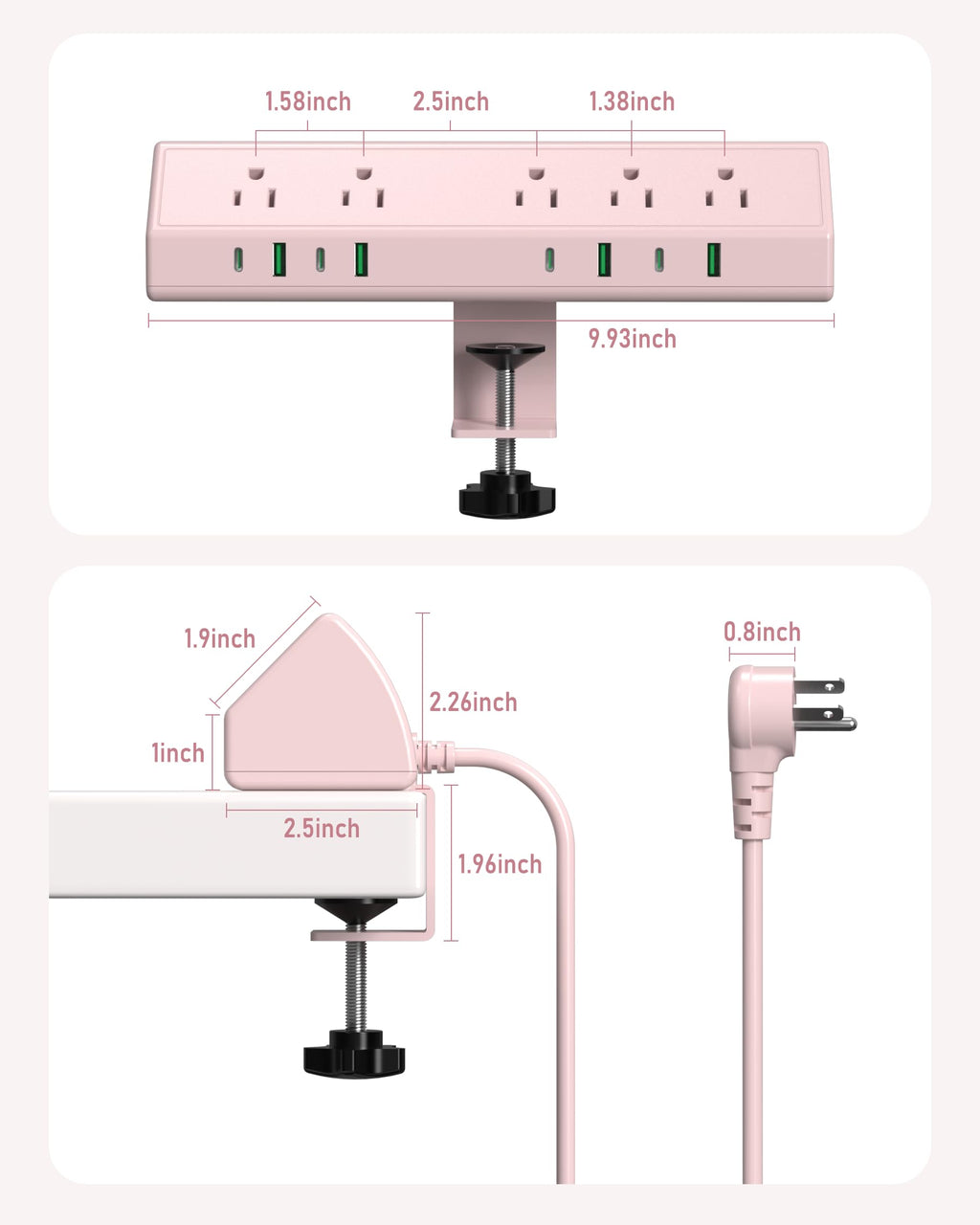 Jgstkcity Desk Clamp Power Strip USB C 45W,Surge Protector,Pink