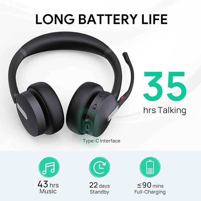 Yealink BH70 Dual Wireless Headset with Mic for Work, Bluetooth Headphone with Teams Certification, up to 35h Talk Time, 147g All-Day Wearing Comfort, Perfect for Open Office Home Hybrid Work, USB-A