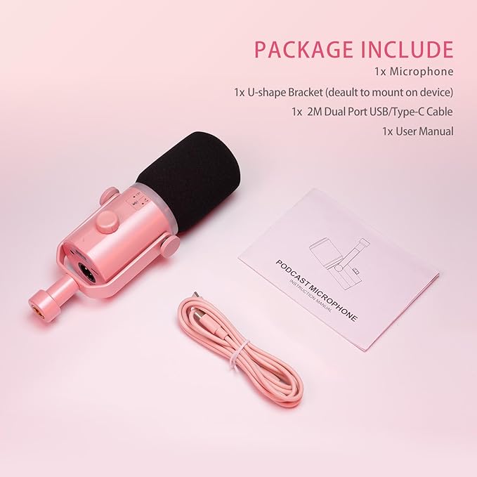 FEELWORLD PM1 XLR USB Dynamic Microphone Gifts for Podcast Recording PC Computer Gaming Live Streaming Vocal Voice-Over, Studio Metal Mic with RGB Light, Mute Button, Headphones Jack (Pink)