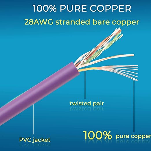 Rapink Patch Cables Cat6/ Cat6a 2ft (24 Pack) Slim, Cat6a Ethernet Patch Cable 20G Support, Snagless Cat 6 Patch Cable for Patch Panel to Switch, Flexiable Cat6 Ethernet Cable Purple