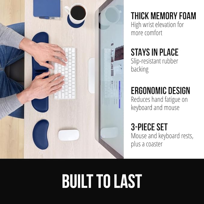 GORILLA GRIP Silky Gel Memory Foam Keyboard Wrist Rest for Computer and Mouse Pad, Ergonomic Design Typing Support, Desk Office Supplies, Hand & Arm Mousepad Cushion and Coaster 3 Piece Set Navy Blue