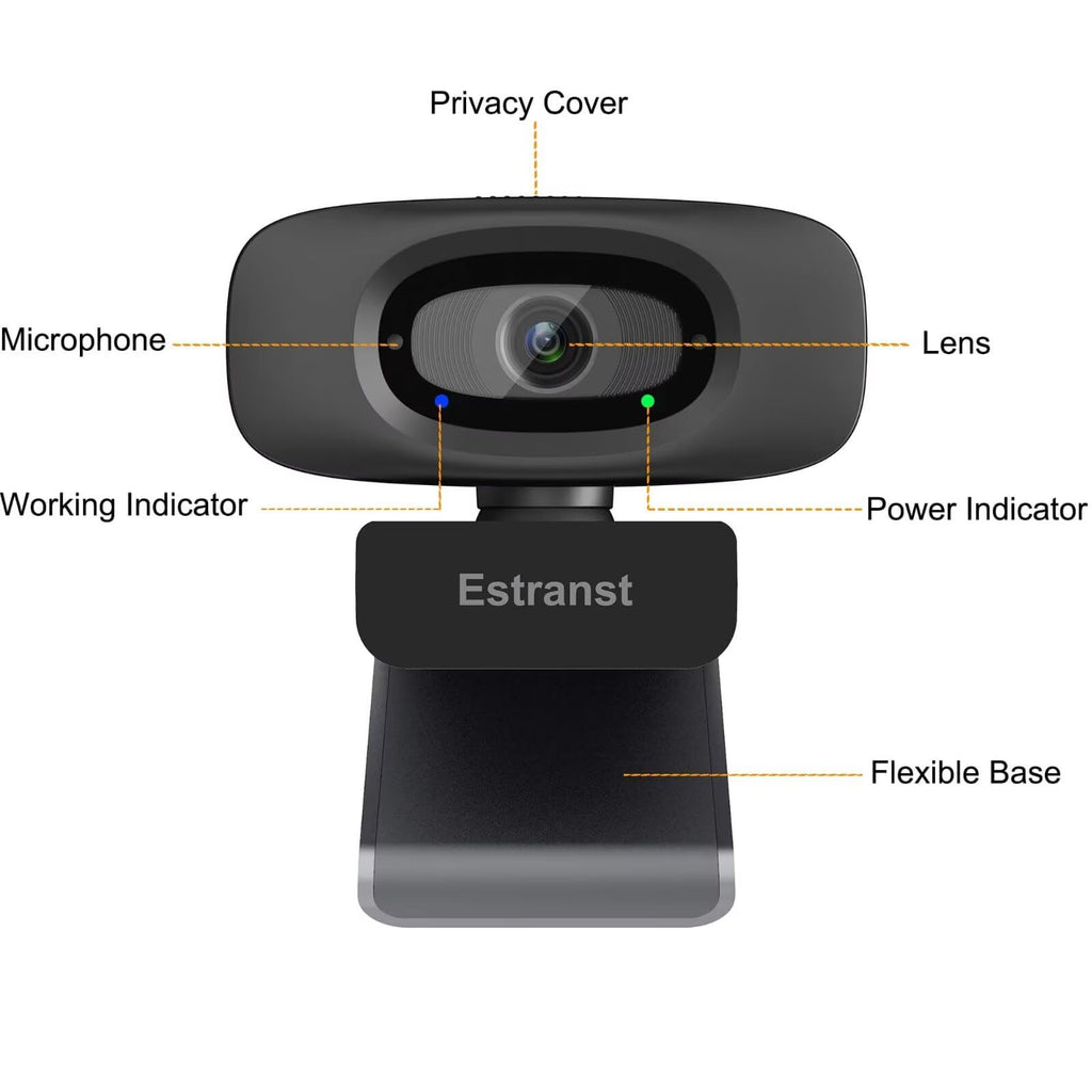 Estranst 2K Quad HD Webcam with Privacy Cover & Noise-Canceling Microphone, Video Web Streaming Camera for PC Computer Desktop Laptop Mac Zoom Teams &More, 1pc USB C Adapter
