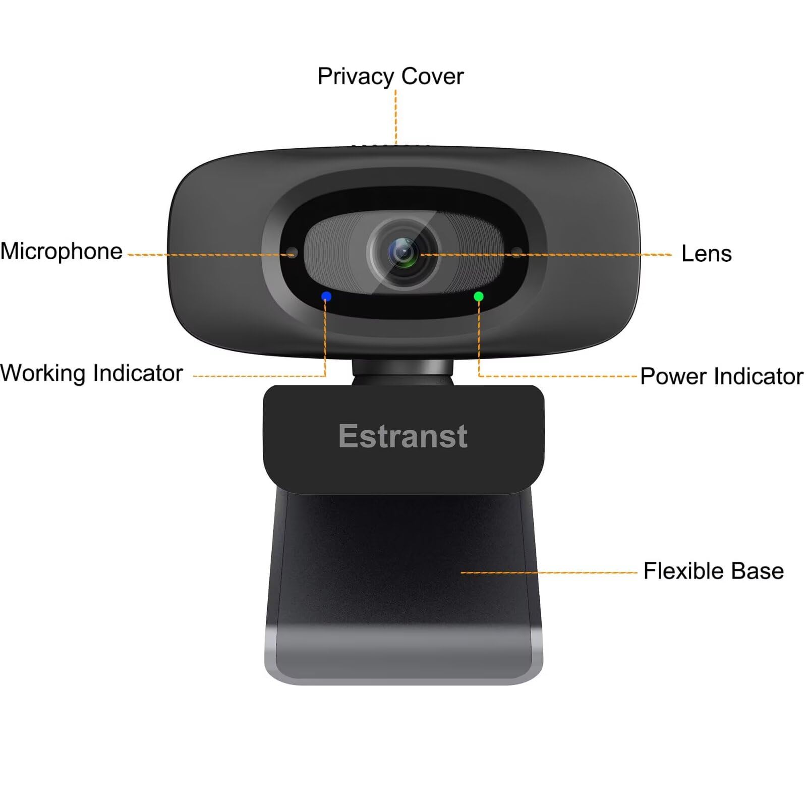 Estranst 2K Quad HD Webcam with Privacy Cover & Noise-Canceling Microphone, Video Web Streaming Camera for PC Computer Desktop Laptop Mac Zoom Teams &More, 1pc USB C Adapter