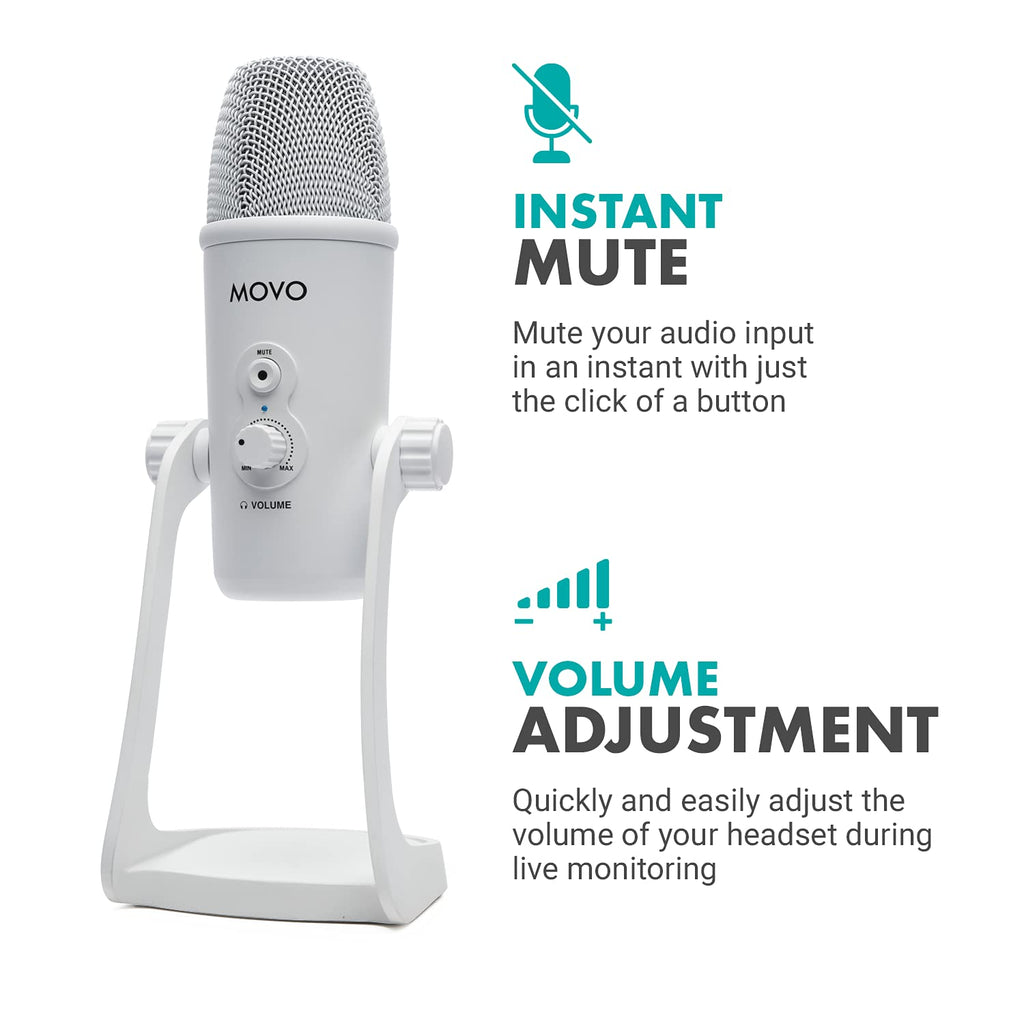 Movo UM700W White Desktop USB Microphone for Computer - Studio Mic with 4 Pickup Patterns - USB Gaming Microphone for PC, Mac, and Android - Best Mic for Podcast Recording and Streaming Setup