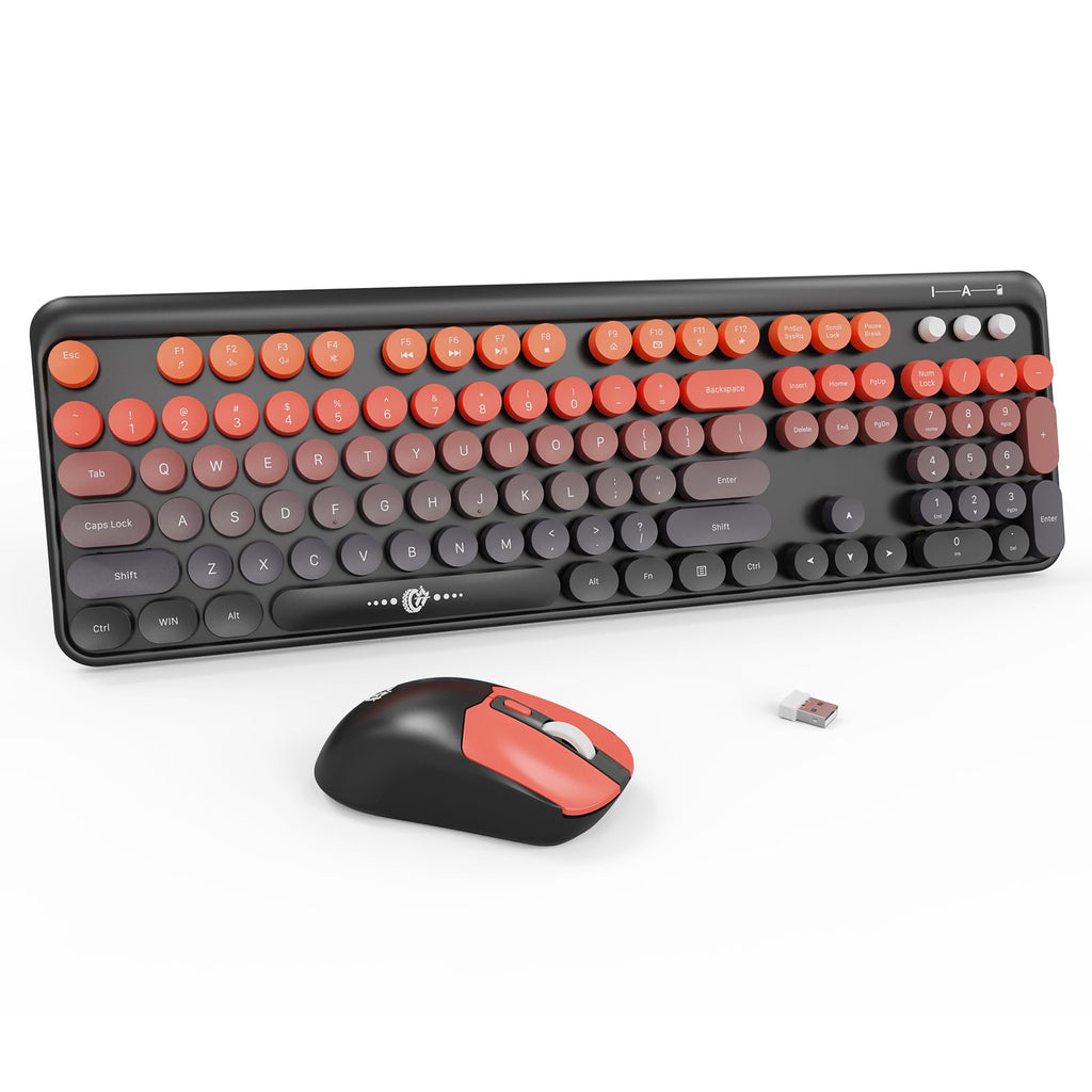 Wireless Keyboard and Mouse Combo, 104 Round Keys Cute Colorful Keyboard and Mouse with Retro Typewriter for PC/Mac/Laptop/Tablet/Computer/Windows Black Red