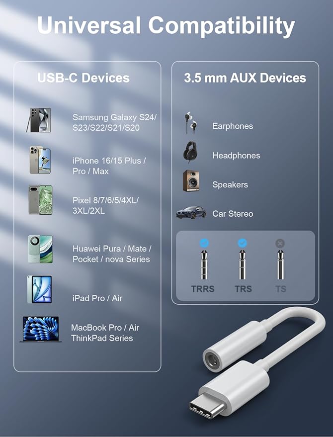 USB-C to 3.5mm Audio Headphone Adapter - HiFi 100 Pack Compatible with Apple iPhone 16 15 Samsung Galaxy S25 S24 S23 S22 S21 Plus Pro Max Ultra Pixel iPad - Type C to Aux Cord Jack Dongle Adapter
