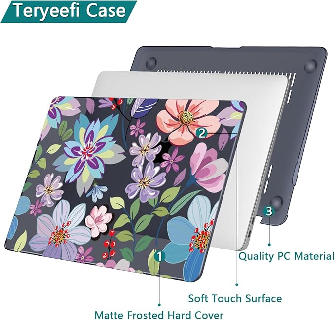 Teryeefi Case for M1 MacBook Air 13 inch 2020 2019 2018 fits Model A2337 A2179 A1932 with Retina Display & Touch ID, Plastic Hard Shell & Keyboard Cover & Screen Protector, Pretty Colorful Flower A004