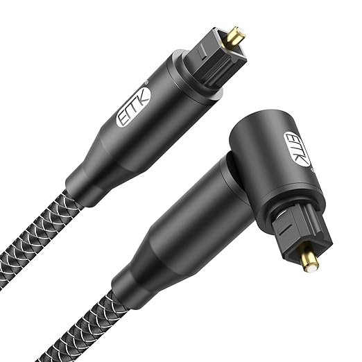 EMK 90 Degree Right Angle Optical Audio Cable [25ft/8M] - 360° Rotatable Digital Toslink SPDIF Cable for Soundbar to TV, Home Theater - Black Fiber Optic Cable with Angled Connector