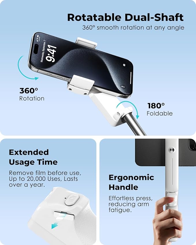 Viozon Portable Selfie Stick, Lightweight Extendable Stainless Steel Tube,All-in-One Compact Selfie Stick with Wireless Remote Compatible with 4-7" iPhone/Android Phones for Vlog/Travel/Filming, W