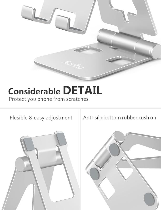 Cell Phone Stand for Desk, Adjustable Desktop Phone Holder Stand, Foldable Moblie Phone Dock for iPhone 15 14 13 12 11 Pro Xs Max Xr X 8 7 6 5 5s SE Nintendo Switch All Phones, Silver
